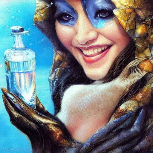 Prompt: a beautiful penguin manipulating water by karol bak, ayami kojima, artgerm, river, water, blue eyes, smile, concept art, fantasy