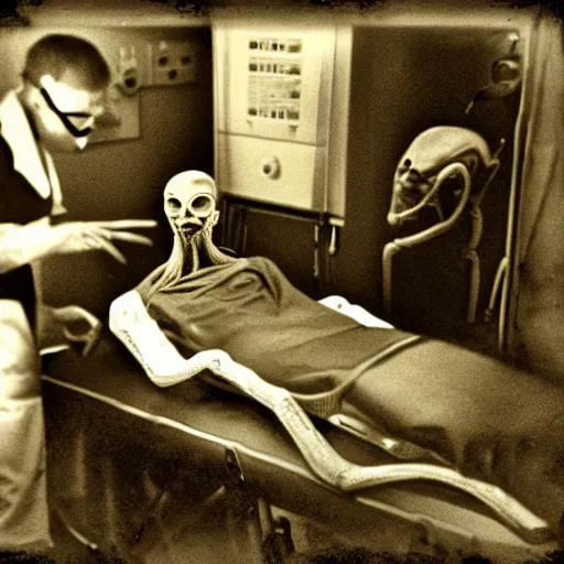 Image similar to an alien autopsy, realistic, vintage, grainy, old style photo, sepia, dark, medical lighting, masked doctors