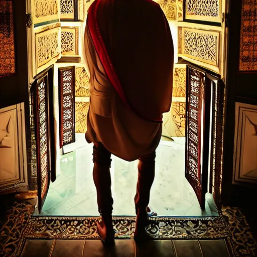 Image similar to a man in traditional Arabian costume overlooking his empire, cinematic, hyper realistic, soft lighting, intricate details, stunning