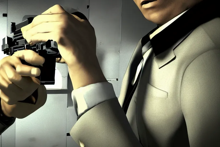 Prompt: a photo of agent 4 7 with his suit on holding a gun, photorealistic, 8 k, hd