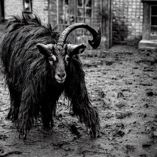 Prompt: horror, moody, still from film, daytime, muddy village square, wide shot, huge, roaring mutant goat monster, powerful, creeping along on ugly stumpy legs, filthy jagged teeth in unnaturally large mouth, matted dirty fur, in muddy medieval village square