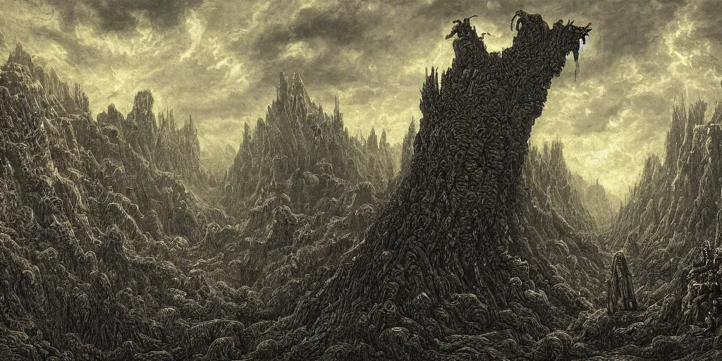 Prompt: a pixel landscape painting with many supernatural creatures, Sinister, horror, created by Gustave Dore, trending on Deviantart, high detail.