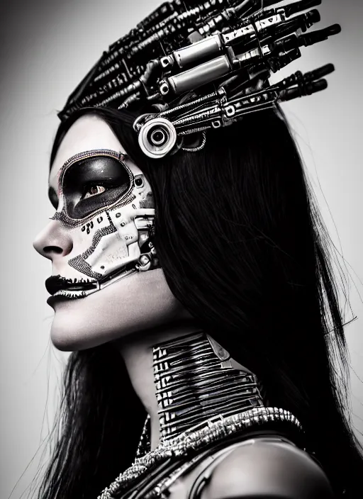 Image similar to a stunning young woman mixed crow mixed cyborg profile face, face is made intricate tribal bio - mechanical, editorial photography, bw, shot on 7 0 mm, depth of field, f / 2. 8, high contrast, 1 6 k, volumetric lighting, shiny, insanely detailed and intricate, hypermaximalist, elegant, ornate, hyper realistic, super detailed