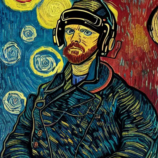 Image similar to Illustrated by Shepard Fairey and Greg Rutkpwski | Cyberpunk Van Gogh with VR helmet, surrounded by cables