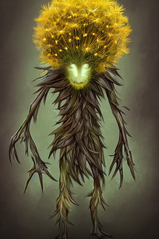 Image similar to a humanoid figure dandelion plant monster, amber eyes, highly detailed, digital art, sharp focus, ambient glow, trending on art station, anime art style