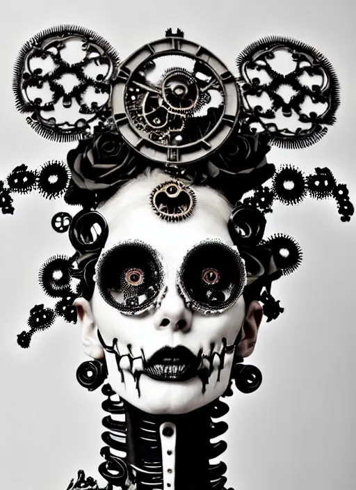 Image similar to surreal black and white photo portrait of complex bio-mechanical beautiful young female undead skeletal cyborg with a Mandelbrot fractal steampunk metal fine lace face, retrofuturistic depressing hopeless horrific vibe, curled silver hair and a fine metal floral foliage super big lace collar by Alexander McQueen:: high fashion, haute couture, rococo, steampunk, silver filigree details, anatomical, facial muscles, cable wires, microchip, elegant, hyper realistic, 150 mm lens, soft rim light, octane render, unreal engine, volumetric lighting, 8k,