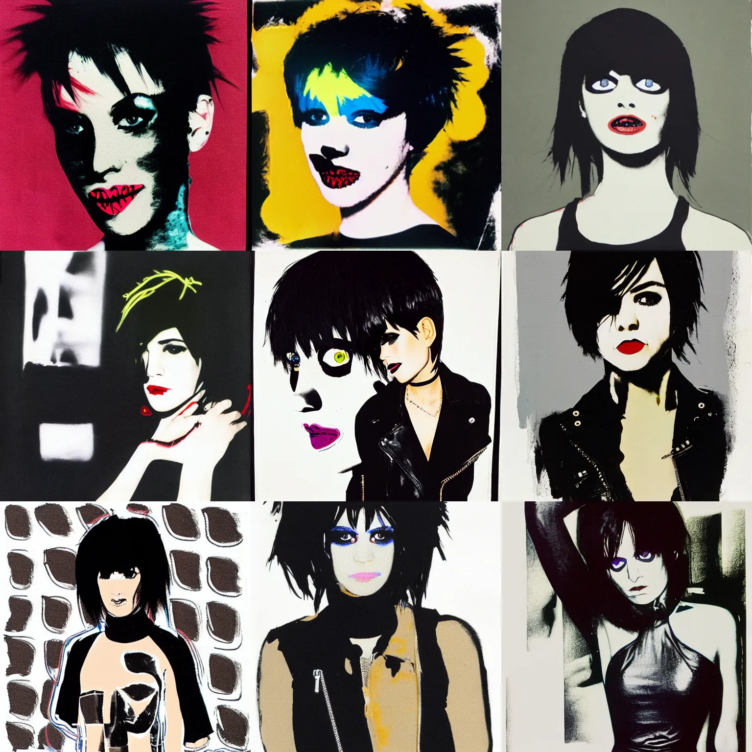 Prompt: an emo painted by andy warhol. her hair is dark brown and cut into a short, messy pixie cut. she has large entirely - black evil eyes. she is wearing a black tank top, a black leather jacket, a black knee - length skirt, a black choker, and black leather boots.