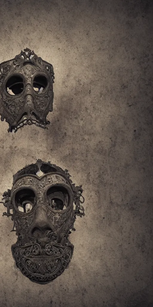 Image similar to extra wide view. an ominous dark ancient mask. barron. worn out photography. sepia. cracks. hyper - detailed. gothic steampunk. low poly medieval baroque. symmetric. epic. hyper - realistic. unreal render.