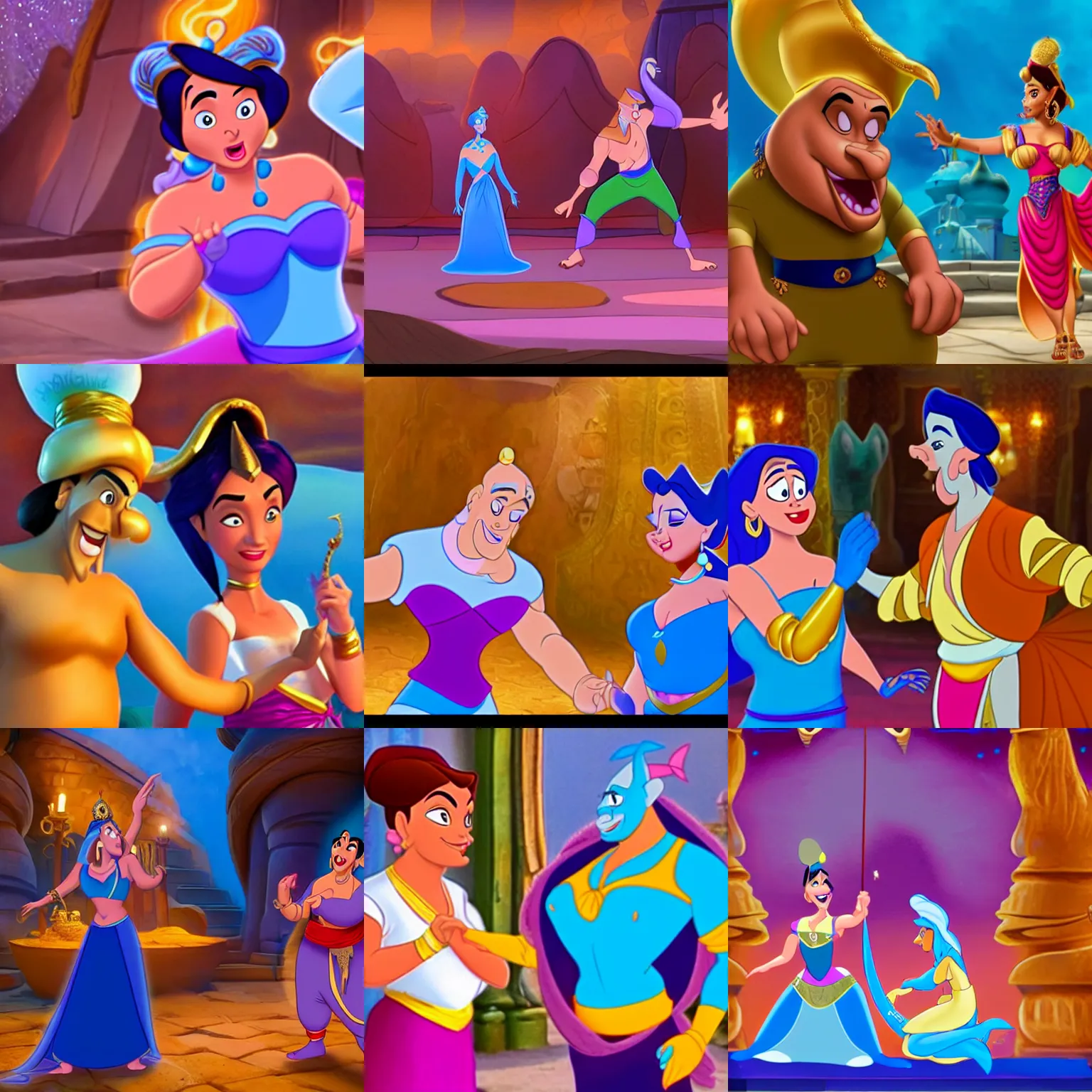 Prompt: magical genie next to a surprised shocked woman who is dressed as a genie, woman transformed into a genie, trick, screenshot aladdin movie disney cartoon