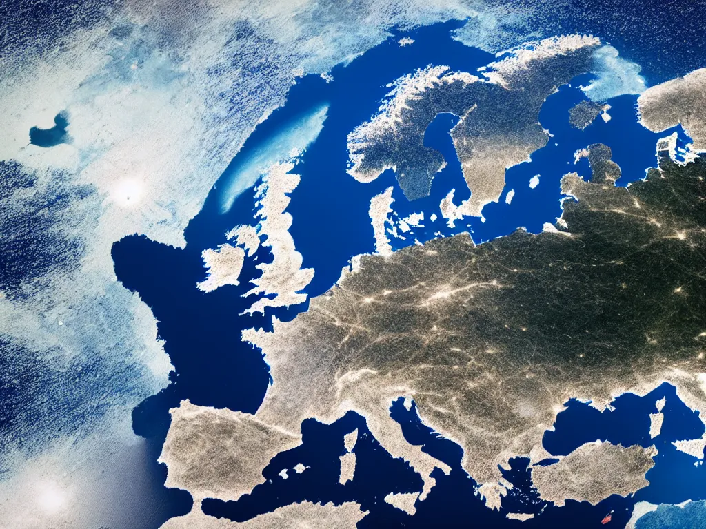 Prompt: satellite view of europe with a gigantic super computer visible from space, artstation, volumetric light, high detail, reflections, perfect, concept art, hdr, 8 k