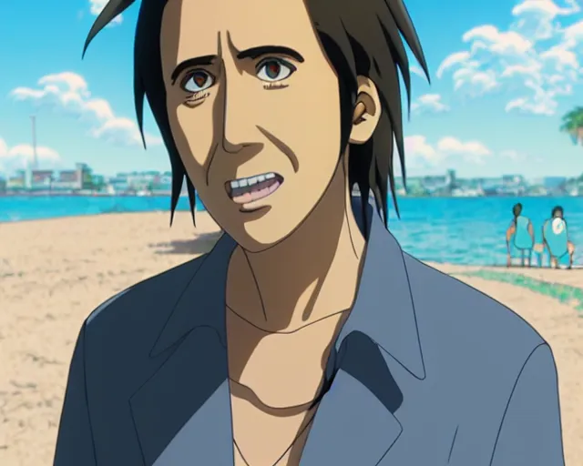 Image similar to anime fine details portrait of joyful Nicolas Cage at beach anime masterpiece by Studio Ghibli. 4k render.