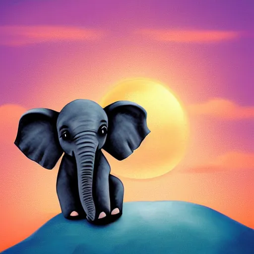 Prompt: A cute little elephant with a short trunk, sitting on a cloud at sunset, digital art