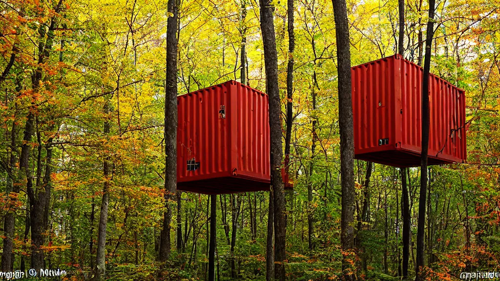 Prompt: modernist shipping container treehouses in william penn state forest, pennsylvania, usa, autumn