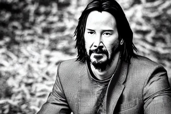 Prompt: “ very very intricate photorealistic photo of keanu reeves sitting on a bench, detailed natural lighting, award - winning crisp details ”