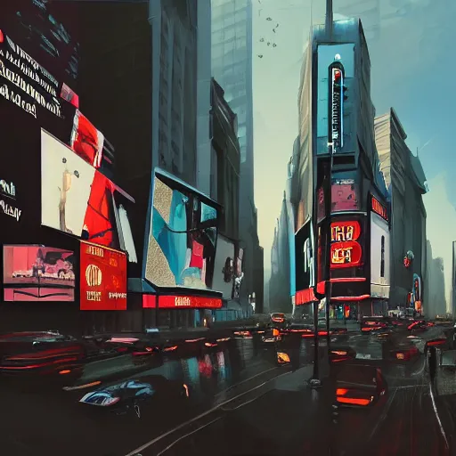 Image similar to modern downtown city, Parisian buildings, billboards, advertisements, Times Square, small buildings, dark, matte painting, concept art, digital painting, style of Ian Hubert, warm lighting, futuristic, volumetric lighting, street view, daytime, godrays , high detail