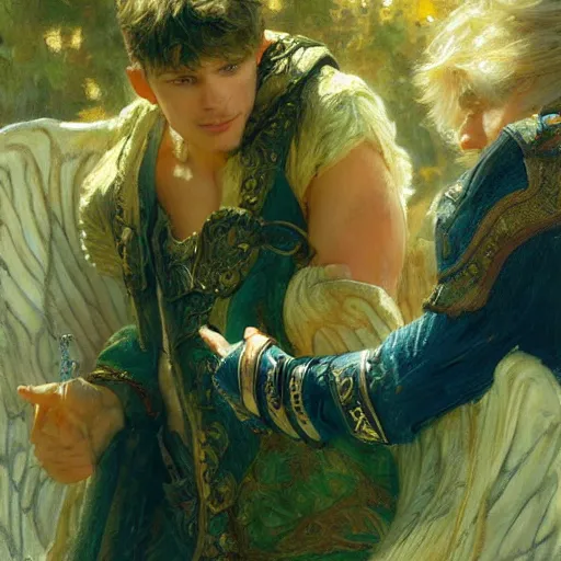 Image similar to attractive arthur pendragon confesses his love to attractive male merlin. highly detailed painting by gaston bussiere, craig mullins, j. c. leyendecker 8 k