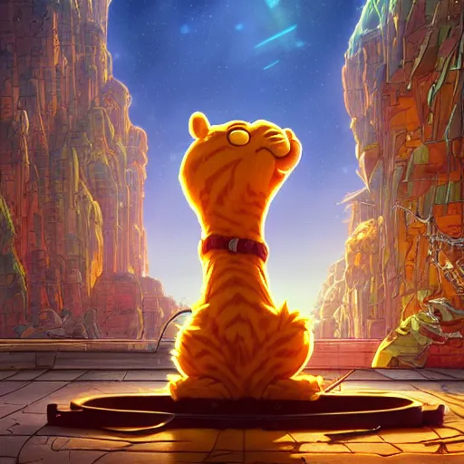 Image similar to the second coming of garfield by dan mumford, yusuke murata, makoto shinkai, ross tran, cosmic, heavenly, god rays, intricate detail, cinematic, 8 k, cel shaded, unreal engine, featured on artstation, pixiv