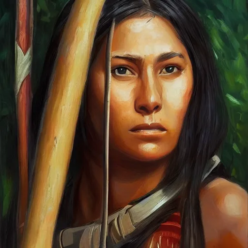 Image similar to Portrait painting of a native american female holding a spear, artstation