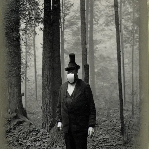 Prompt: a strange tall man in the woods wearing a mask daguerrotype