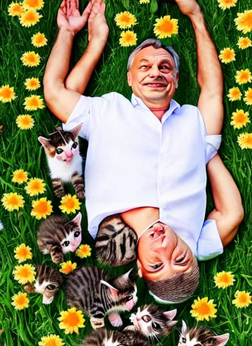 Image similar to hungarian prime minister viktor orban laying on a field of flowers with multiple cute kittens, photo, professionally retouched, realistic, smooth face, perfect eyes, symmetrical, full body shot, wide angle, sharp focus on eyes, 8 k high definition, insanely detailed, intricate, elegant, art by artgerm