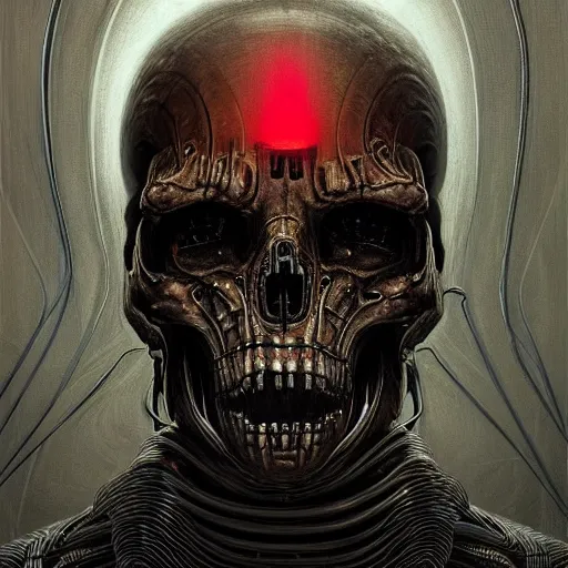 Image similar to surreal portrait of a man by Greg Rutkowski and H.R Giger, a biomechanical skull from whose sockets a red light emanates, between human and alien, connected by pipes and cables, terrifying, disturbing, cosmic void background, frightening, fascinating, highly detailed portrait, digital painting, book cover, artstation, concept art, smooth, sharp foccus ilustration, Artstation HQ.