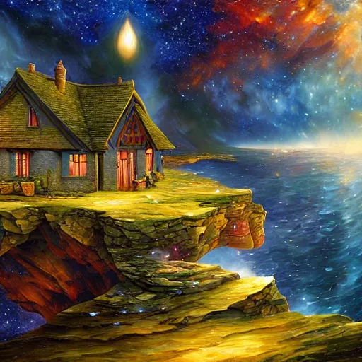 Prompt: cottage in the stars, cliffs of galaxies cryengine render by android jones, james christensen, rob gonsalves, leonid afremov and tim white