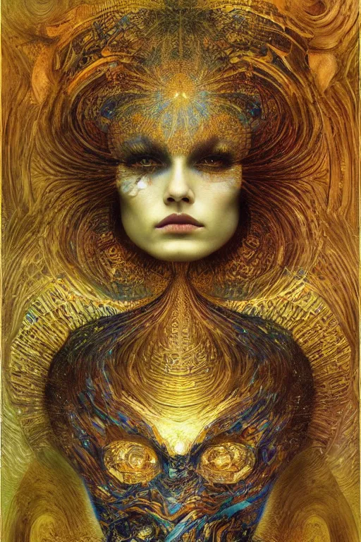 Image similar to Intermittent Chance of Chaos Muse by Karol Bak, Jean Deville, Gustav Klimt, and Vincent Van Gogh, enigma, fate, otherworldly, fractal structures, arcane, prophecy, ornate gilded medieval icon, third eye, spirals