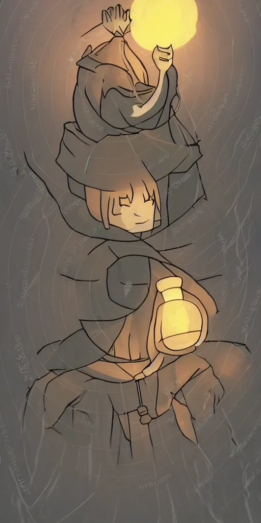 Prompt: a hermit on a mountain with a lamp darkness all around except for the lamp drawn like Watamote anime, fr, tarot card The hermit, minimalistic