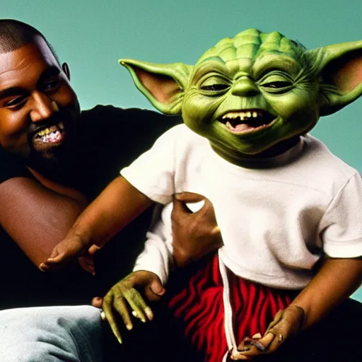 Image similar to kanye west smiling and holding yoda yoda for a 1 9 9 0 s sitcom tv show, studio photograph, portrait