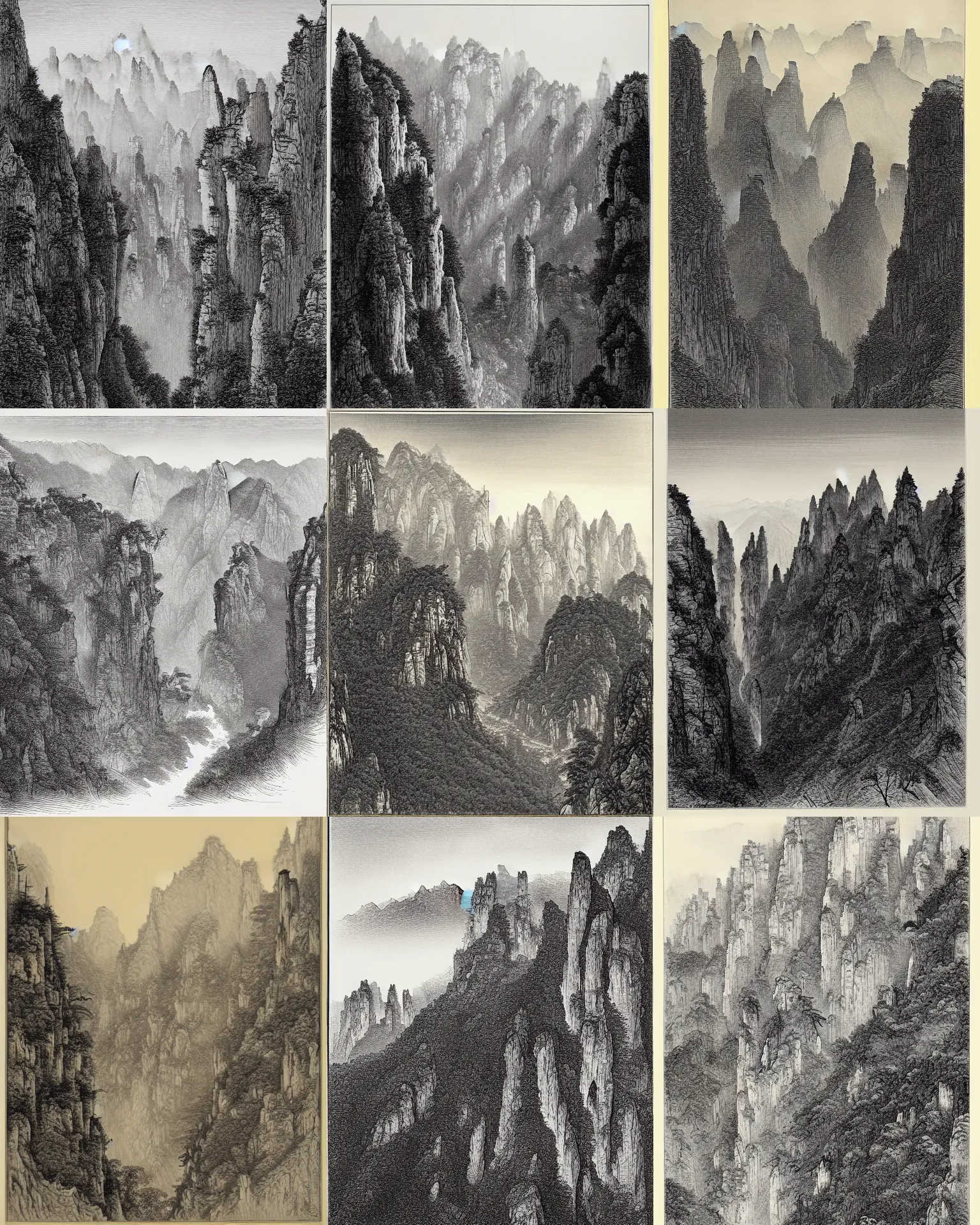 Prompt: an engraving of southern sky column, zhangjiajie national forest park by gustave dore, highly detailed, shan shui, chinese landscape, lithograph engraving