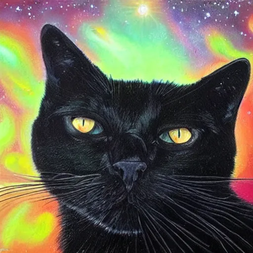 Image similar to spectacular oil painting of a black cat with bright green eyes floating through a nebula