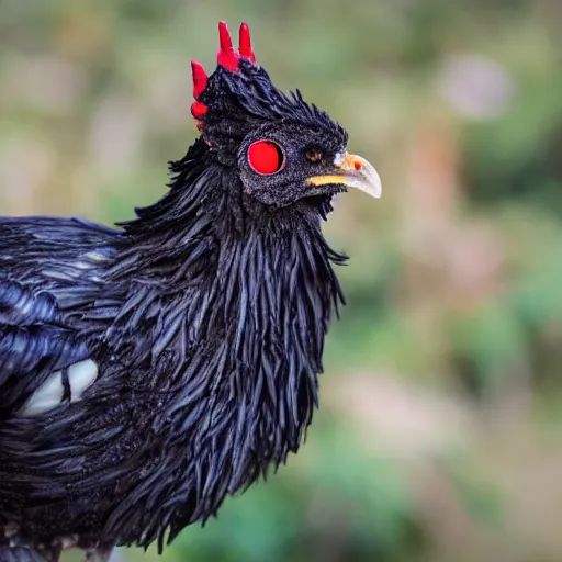 Prompt: A Black Rock chicken with 6 eyes