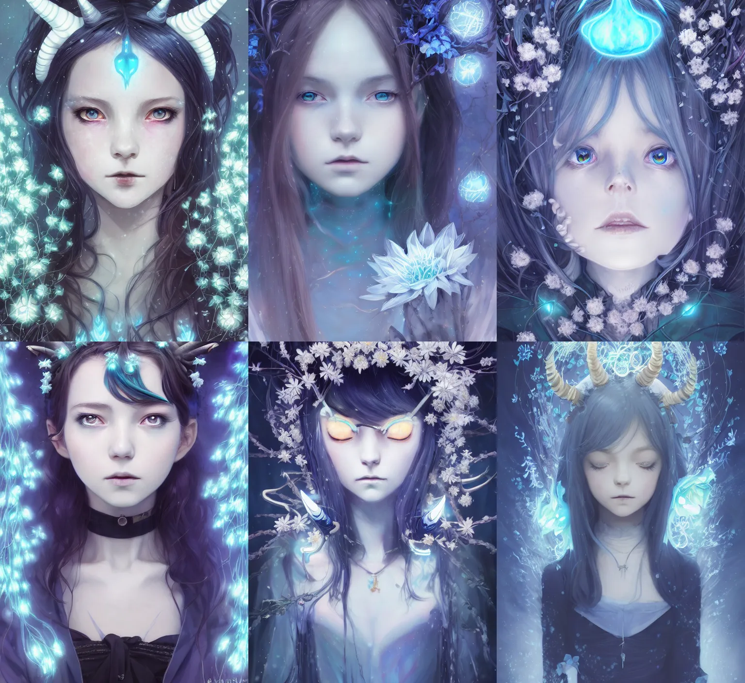 Prompt: detailed, sharp, portrait of a young witch with glowing blue horns wearing gothic ornament surrounded by glowing white flowers floating above a dystopia by Anna Dittmann and Ilya Kuvshinov and and studio ghibli and WLOP and Rossdraws, digital art, surreal, trending on artstation, anime arts, featured on Pixiv, blue lighting, HD, 8K, highly detailed, good lighting, beautiful, epic, masterpiece