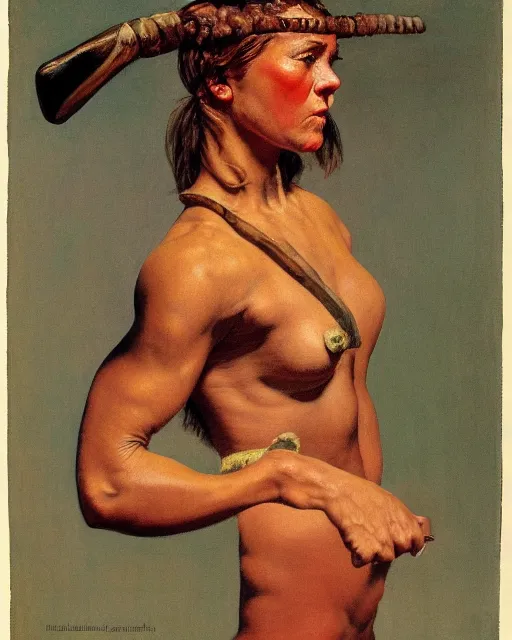 Prompt: frontal portrait of a savage muscular barbarian female, by norman rockwell