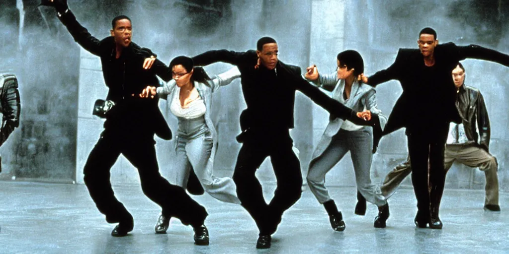 Image similar to the matrix fight scene with will smith as neo, jada pinkett smith as trinity, and chris rock as agent smith