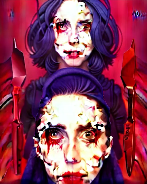 Image similar to loish, artgerm, Joshua Middleton art, Rafeal Albuquerque, pretty Alison Brie serial killer holding bloody knife in right hand realistic hand, blood on clothes and face, sarcastic smile, symmetrical eyes, symmetrical face, jean jacket, jeans, short blonde hair, middle shot, night time, deep blacks