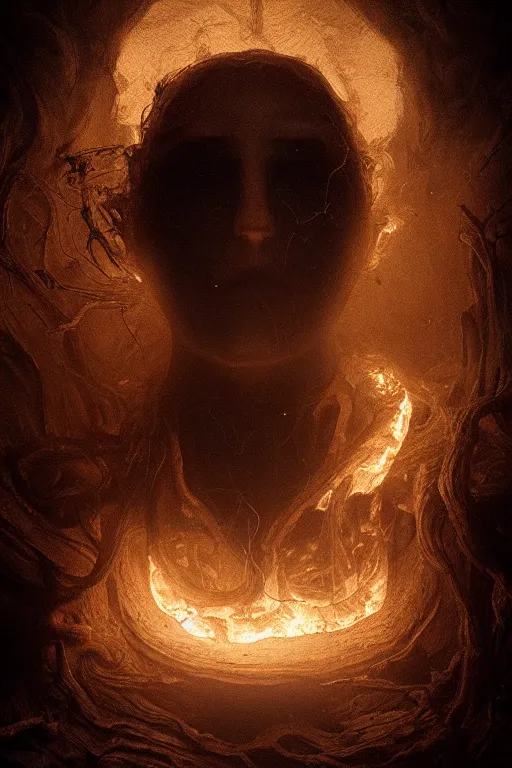 Prompt: portrait of a ghost burning, floating in the darkness space, ancient wood environment, Cinematic lighting, insanely detailed, trending on artstation, golden ratio, concept art by Agesandro de Rodas & Emil Melmoth