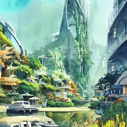 Prompt: Beautiful happy picturesque charming futuristic sci-fi town in harmony with nature. Beautiful light. Water and plants. Nice colour scheme, soft warm colour. Beautiful detailed watercolor by Lurid. (2022)