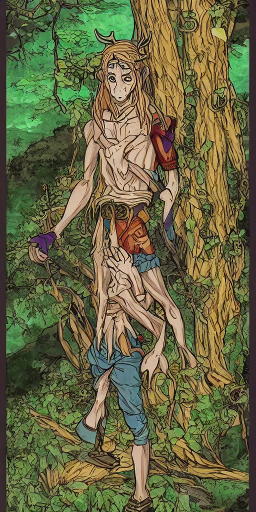 Prompt: an wood elf boy on the mountain side, anime style, tarot card, Tarot card the fool, fine line work, psychedelic, full color, earth tones