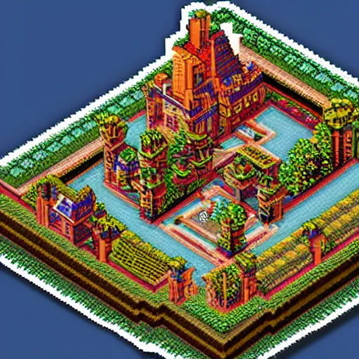 Image similar to isometric pixel art, soft lighting, pixel town, medival Pixelated castle, ultra detailed