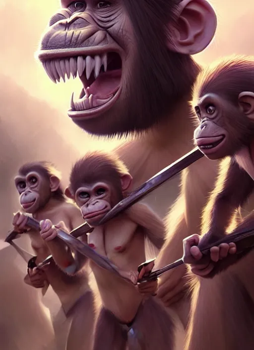 Image similar to of group of ape kids in costumes getting ready for battle against the heavens, perfect face anatomy, establishing cinematic movie scene of a cinematic scene, intricate, elegant, highly detailed, artstation, art by artgerm, anime, stylish, concept art, smooth, sharp focus, wlop