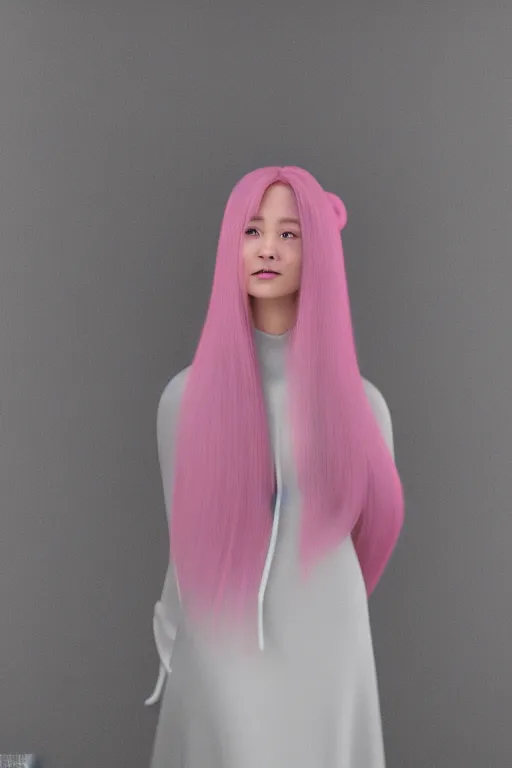 Prompt: portrait of real life princess bubblegum, light pink textured skin, long bubblegum hair strands, wearing a thin gold tiara, wearing a white lab coat, photorealistic, rembrandt lighting, 3 d, octane render