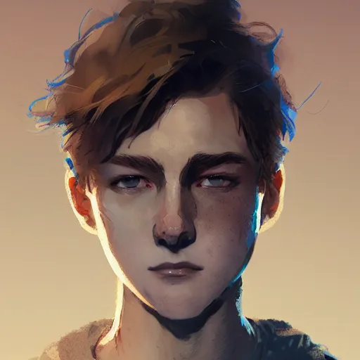 Image similar to portrait of a very masculine teenage girl with blue eyes and brown hair, short men's haircut, smiling, wearing an oversized sweater, dramatic lighting, illustration by Greg rutkowski, yoji shinkawa, 4k, digital art, concept art, trending on artstation