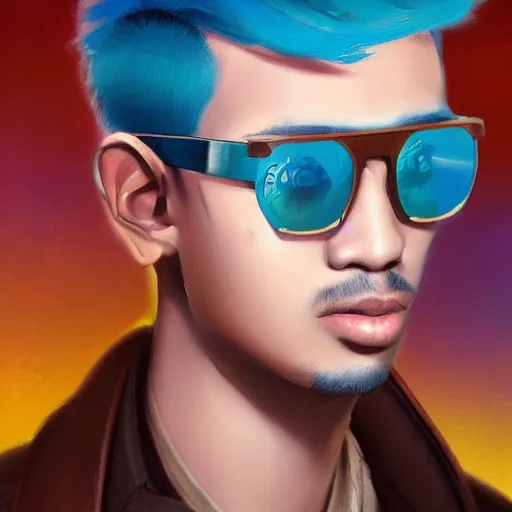 Image similar to very detailed masterpiece closeup painting of a very handsome young indonesian with small mustache cyberpunk man with light blue shutter shades, one side haircut, brown hair with light blue ends, purple leather jacket, beauty mark on cheek, portrait, synthwave background, artstation, concept art by greg rutkowski