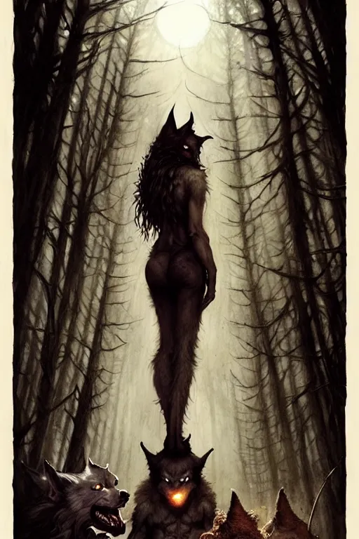 Image similar to werewolf and a witch | esoteric symbolism | jean - baptiste monge, esao andrews, bastien lecouffe - deharme, tim jacobus, ken currie | ultra - detailed realism, soft cinematic lighting, hi - fructose, artstation, high - quality, ink watercolors wes anderson poster art