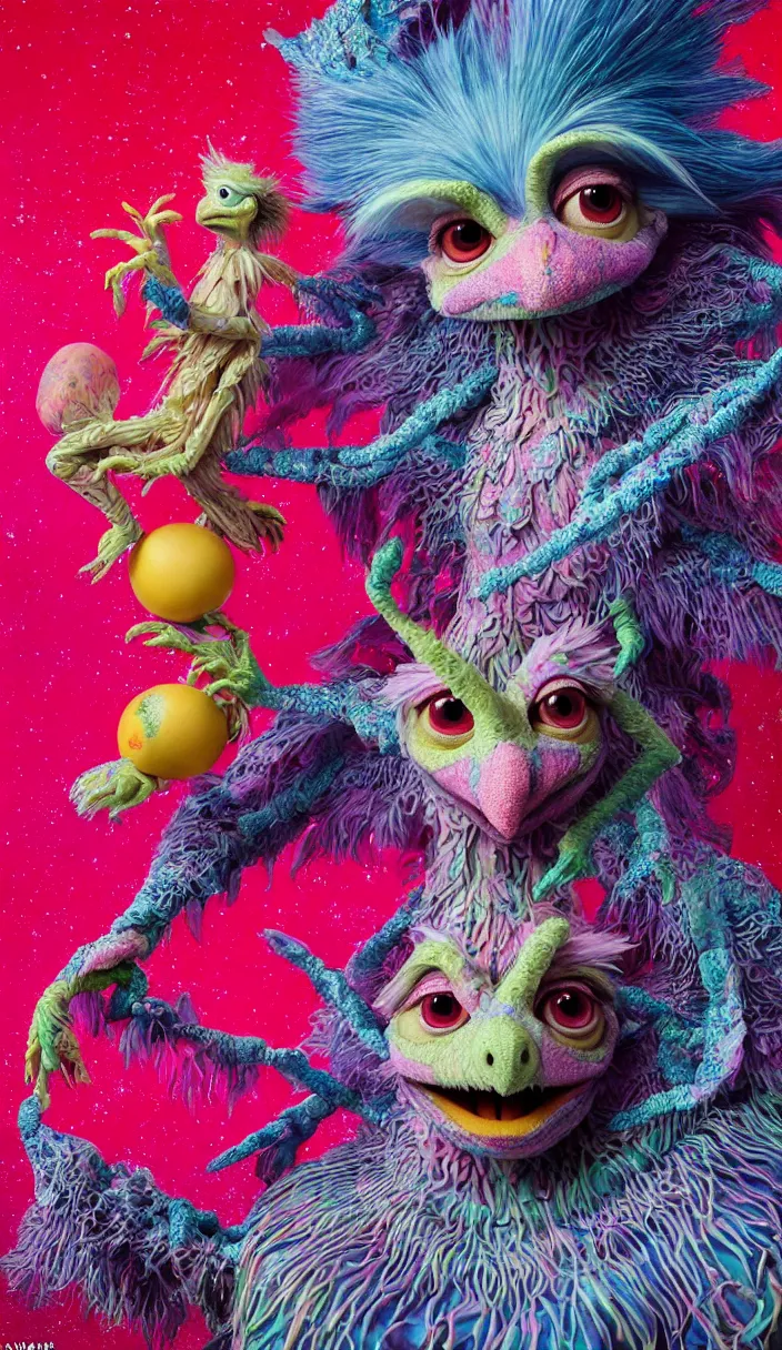 Image similar to hyper detailed 3d render like a Oil painting - kawaii portrait of two Aurora (a beautiful skeksis muppet fae princess protective playful from dark crystal that looks like Anya Taylor-Joy) seen red carpet photoshoot in UVIVF posing in scaly dress to Eat of the Strangling network of yellowcake aerochrome and milky Fruit and His delicate Hands hold of gossamer polyp blossoms bring iridescent fungal flowers whose spores black the foolish stars by Jacek Yerka, Ilya Kuvshinov, Mariusz Lewandowski, Houdini algorithmic generative render, Abstract brush strokes, Masterpiece, Edward Hopper and James Gilleard, Zdzislaw Beksinski, Mark Ryden, Wolfgang Lettl, hints of Yayoi Kasuma and Dr. Seuss, octane render, 8k