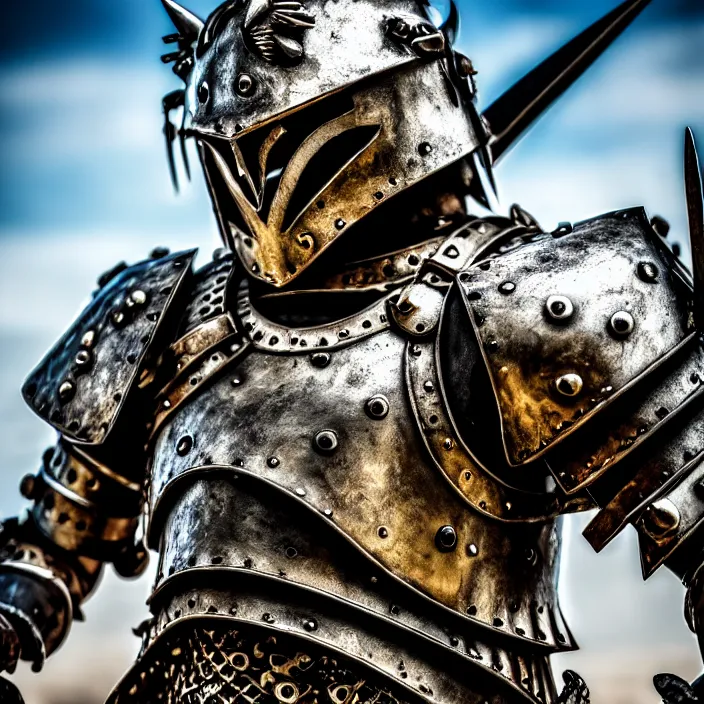 Image similar to photo of a warrior with metal bear themed armour, highly detailed, 4 k, hdr, smooth, sharp focus, high resolution, award - winning photo