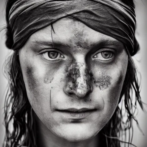 Image similar to Award Winning Portrait of a prehistoric weathered English Female with beautiful eyes wearing pelts and a leather headband by Lee Jeffries, 85mm ND 5, perfect lighting,