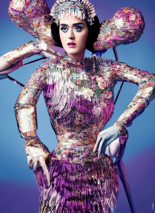 Image similar to katy perry styled by nick knight posing, full body shot, intricate headpiece, vogue magazine, canon, highly realistic. high resolution. highly detailed. dramatic. 8 k. 4 k.