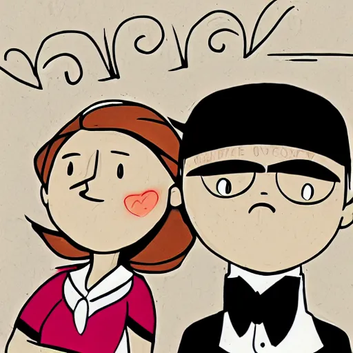 Prompt: gravity falls! white eyes black iris eye, wedding couple, cartoon, comics